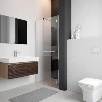 Wizualizacja łazienki z prysznicem oraz drewnianymi meblami