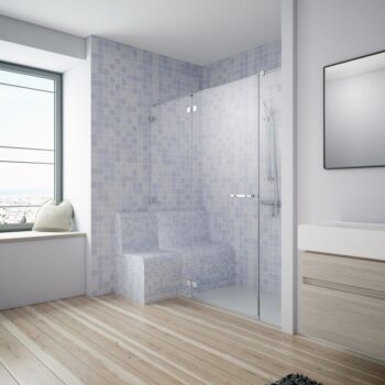 Wizualizacja łazienki z prysznicem i drewnianą podłogą