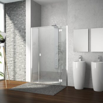 Wizualizacja łazienki z prysznicem oraz dwiema umywalkami