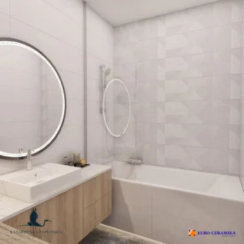Projekty łazienek Euro-Ceramika Warszawa drewniane szafki i zabudowana wanna
