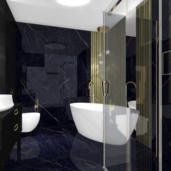 Elegancka łazienka w kolorze granatowym z złotymi elementami