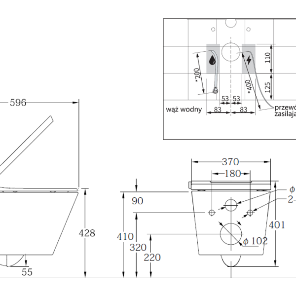 Toaleta Myjąca DELUXE A wersja podwieszana, miska klozetowa z bidetem Major&Maker -wymiary