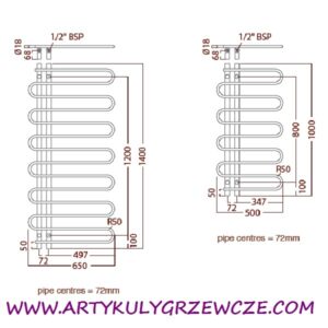 Grzejnik Radox River 1000x500 schemat techniczny rozstaw