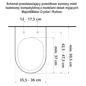 Schemat przedstawiający prawidłowe wymiary miski toaletowej kompatybilnej z modelami desek myjących Major&Maker Smaragd i Diamond