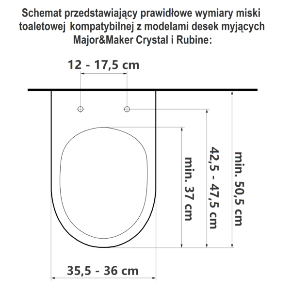Schemat przedstawiający prawidłowe wymiary miski toaletowej kompatybilnej z modelami desek myjących Major&Maker Smaragd i Diamond