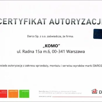 Certyfikat autoryzacji DARCO dla Komo