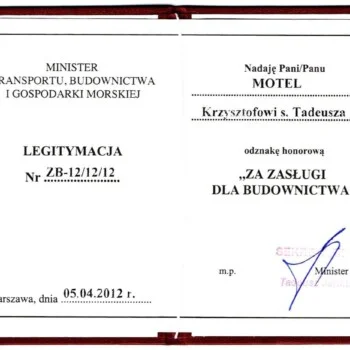 Dyplom dla Krzysztofa Motel za Zasługi dla Budownictwa