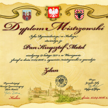 Dyplom Mistrza Zduńskiego dla Krzysztofa Motel