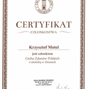 Cech Zdunów Polskich - Certyfikat Członkostwa